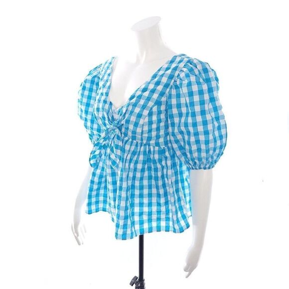 Lilly Pulitzer Sarafina Turquoise Oasis Crinkle Gingham Blouse Size 0 - Picture 3 of 11